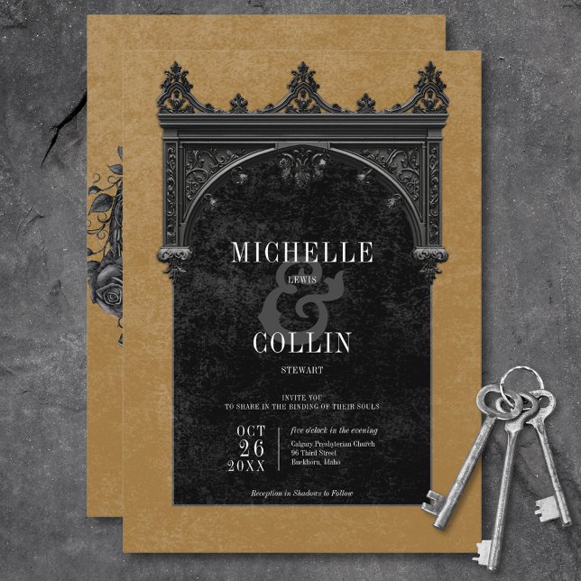 Invitation Arc noir gothique et Rose noir Mariage or (Gothic Black Arch & Black Roses Gold Wedding Invitation)