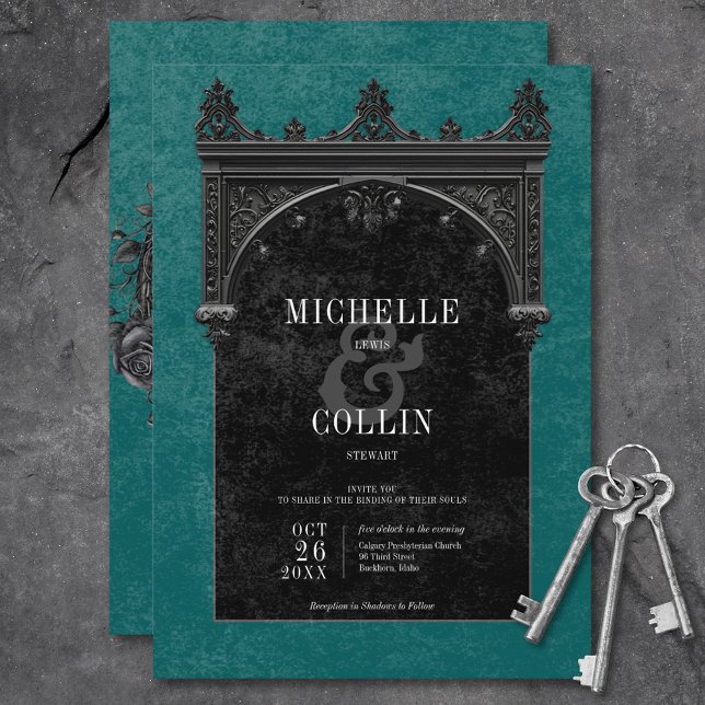 Invitation Arc noir gothique et Rose noir Mariage Turquoise (Gothic Black Arch & Black Roses Teal Wedding Invitation)