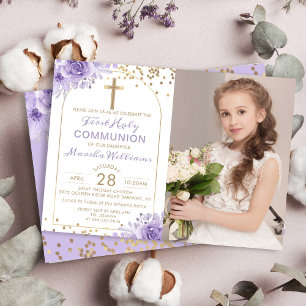 Invitation Arc Or Purple Floral First Holy Communion Photo