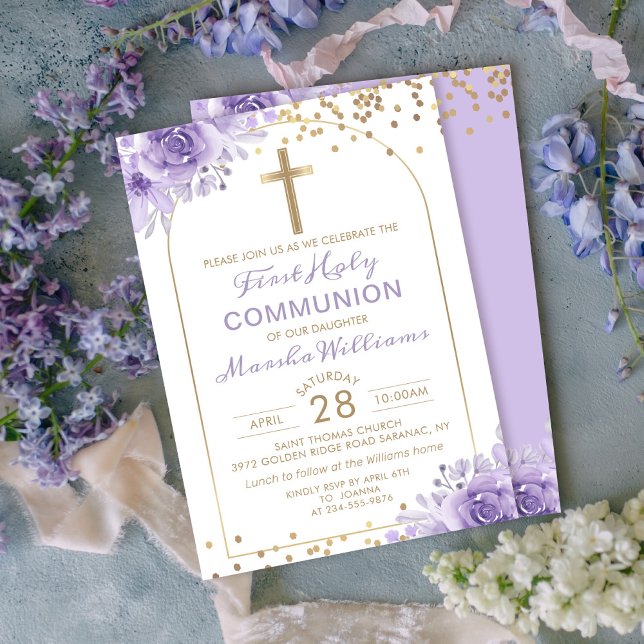 Invitation Arc Or Purple Floral Première Communion Sainte (Créateur téléchargé)