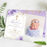 Invitation Arc Parties scintillant or violet Floral Girl Bapt<br><div class="desc">Parties scintillant Arc Or Purple Floral Girl Baptême Photo Invitation</div>