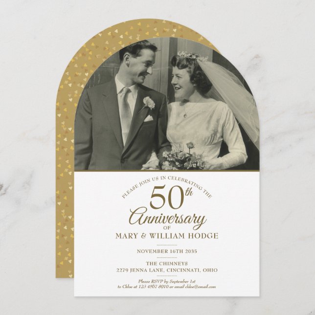 Invitation Arc photo Mariage du 50e anniversaire Gold Hearts (Devant / Derrière)