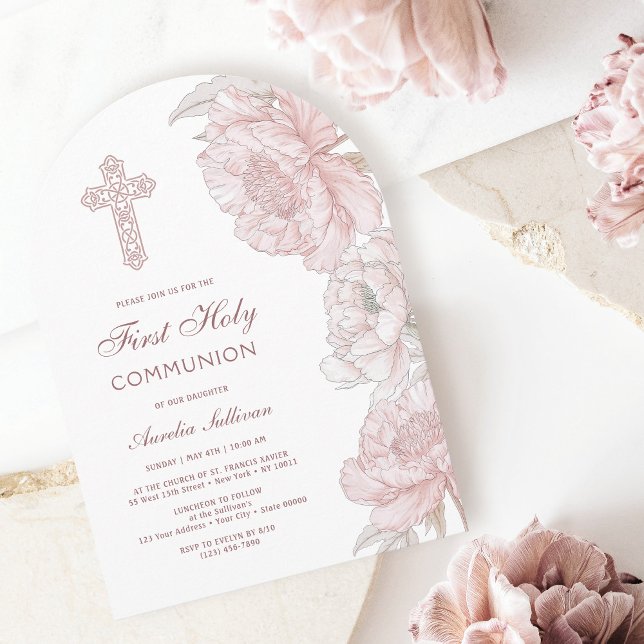 Invitation Arc Première communion des pivoines blanches roses (Créateur téléchargé)