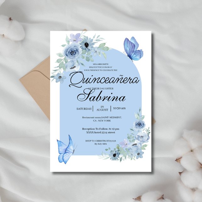 Invitation Arc Quinceanera Floral Baby papillons Bleu papillo (Créateur téléchargé)