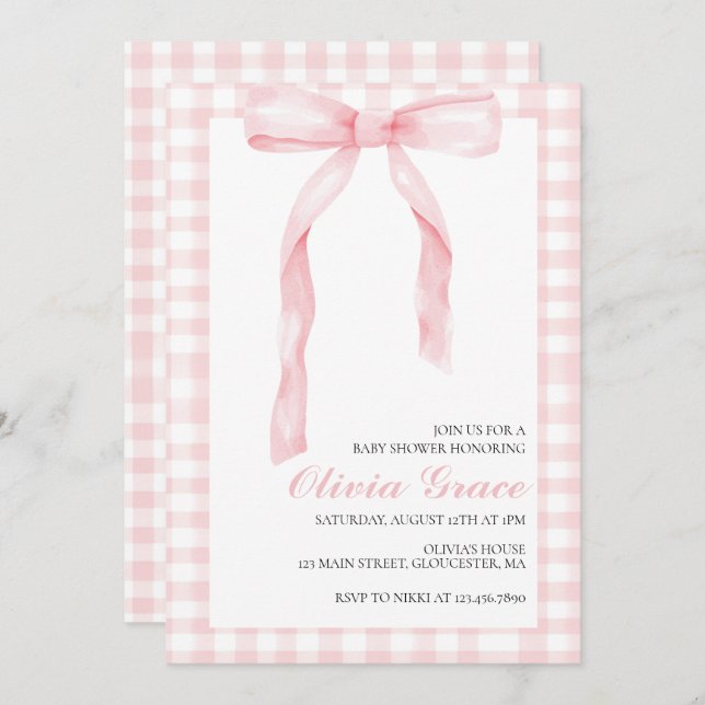 Invitation Arc rose et en vichy baby shower préppant (Devant / Derrière)