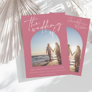 Invitation Arc rose magenta moderne Mariage photo initial