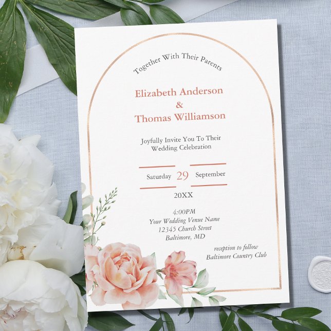 Invitation Arc rose Pêche Floral Bordure Élégant Mariage (Créateur téléchargé)