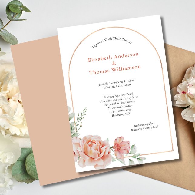 Invitation Arc rose Pêche Floral Bordure Élégant Mariage (Peach Floral Elegant Modern Arch Wedding invitation)