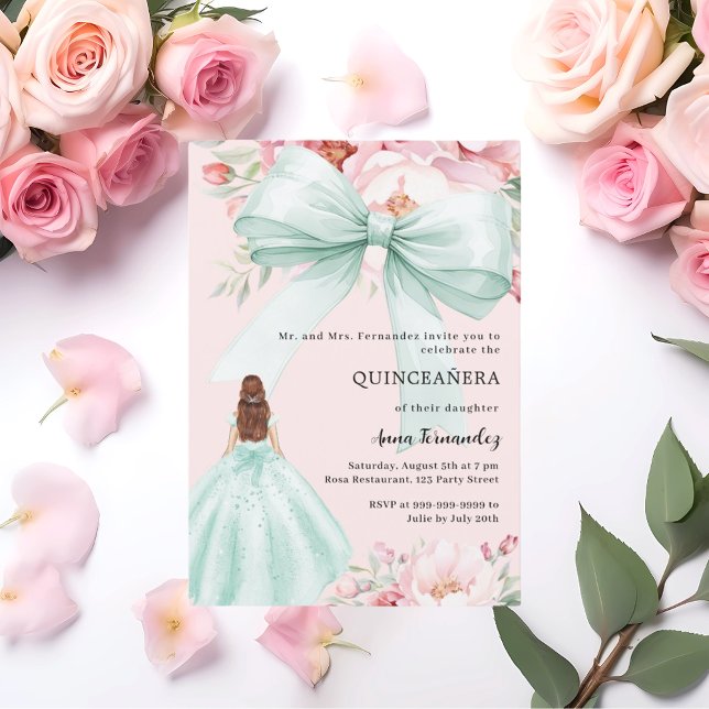 Invitation Arc rose vif floral sage vert robe Quinceanera (Créateur téléchargé)