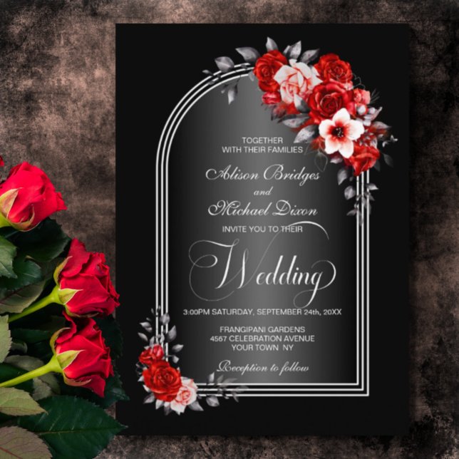 Invitation Arc rouge floral noir gris Mariage (Créateur téléchargé)