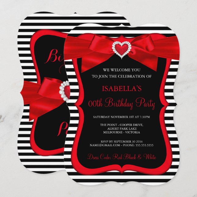 Invitation Arc Rouge Noir Rayure Blanche Fête d'Anniversaire (Devant / Derrière)