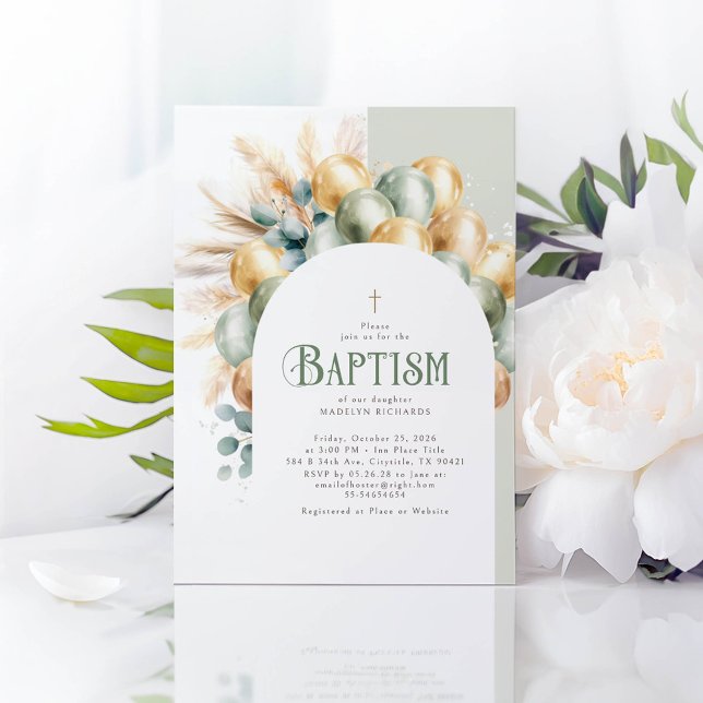 Invitation Arc Sage et or Boho Eucalyptus Baptême (Gold and Green Balloons Elegant Baptism Invitations)