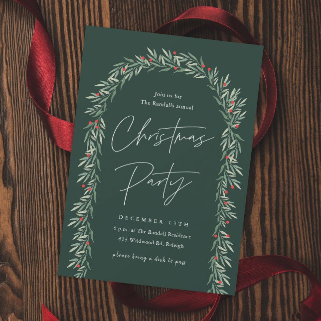 Invitation Arc verdoyant Script moderne fête de Noël (Elegant Hand-painted Greenery Arch Christmas Party Invitaitons.)