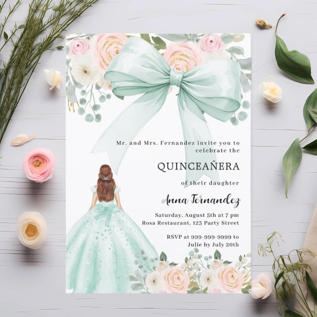 Invitation Arc vert Sage fleurons roses robe Quinceanera (Créateur téléchargé)