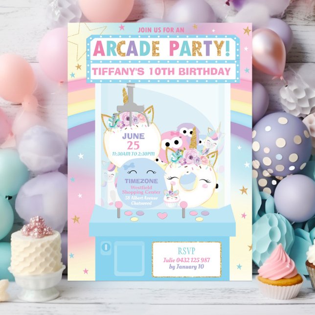 Invitation Arcade Anniversaire Fille Rainbow Unicorn (Créateur téléchargé)