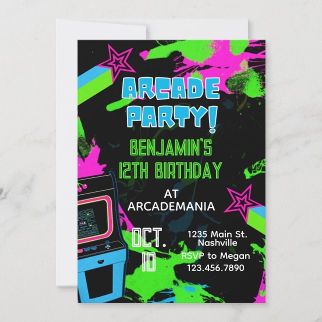 Invitation Arcade Anniversaire Gaming Party Glow Neon 80s (Devant)