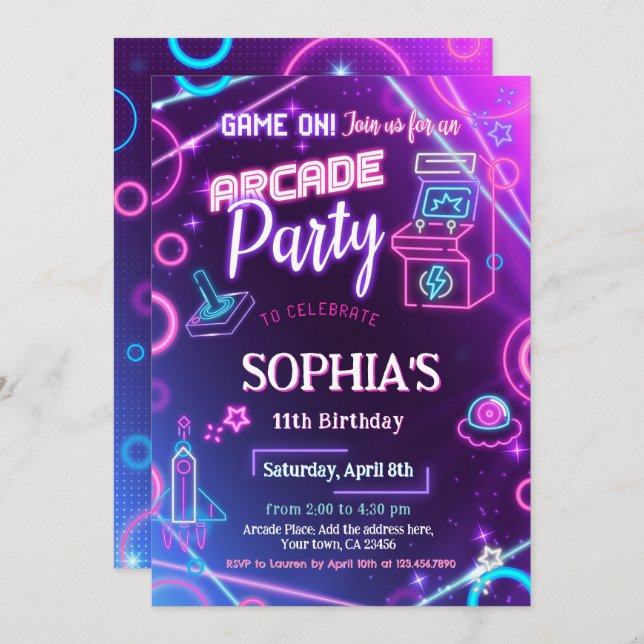 Invitation Arcade Neon Fête d'anniversaire (Devant / Derrière)