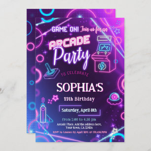 Invitation Arcade Neon Fête d'anniversaire