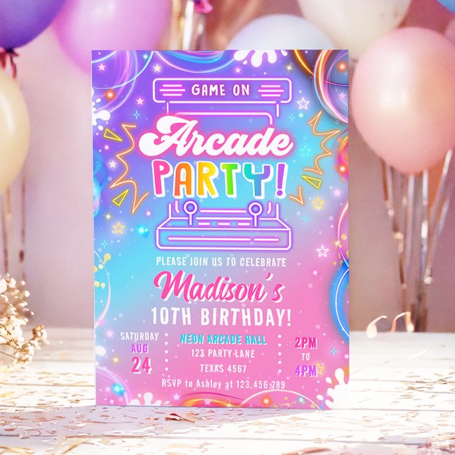 Invitation Arcade Party Game Hall Neon Glow Girl Birthday (Créateur téléchargé)