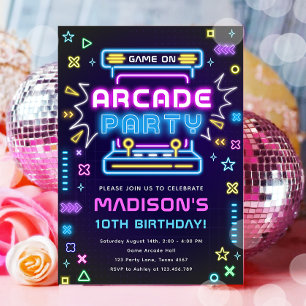 Invitation Arcade Party Glow Neon jeu vidéo sur Fille Anniver