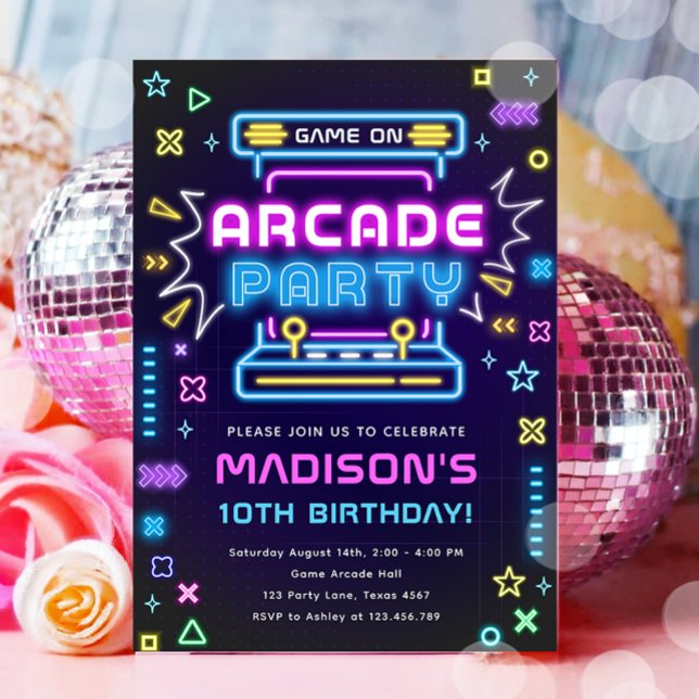 Invitation Arcade Party Glow Neon jeu vidéo sur Fille Anniver (Créateur téléchargé)