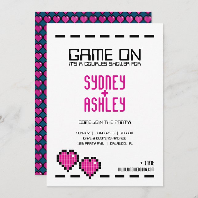 Invitation arcade rétro GAMER MARIAGE couple douche PINK LOVE (Devant / Derrière)