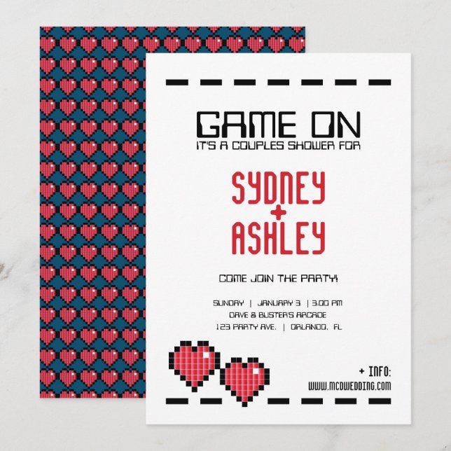 Invitation arcade rétro GAMER MARIAGE couple douche RED LOVE (Devant / Derrière)