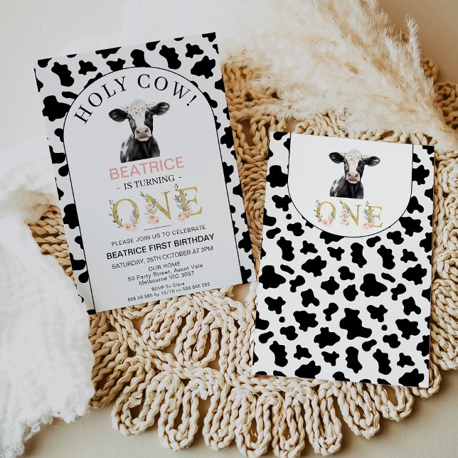Invitation Arch Black Cow Imprimer Holy Cow 1er Anniversaire (Holy Cow 1st Birthday Invitation Template Girl, Black Cow Print 1st Birthday Invitation, Arch Modern)