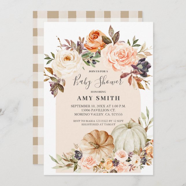 Invitation Arch Boho Citrouille moderne Baby shower Floral  (Devant / Derrière)