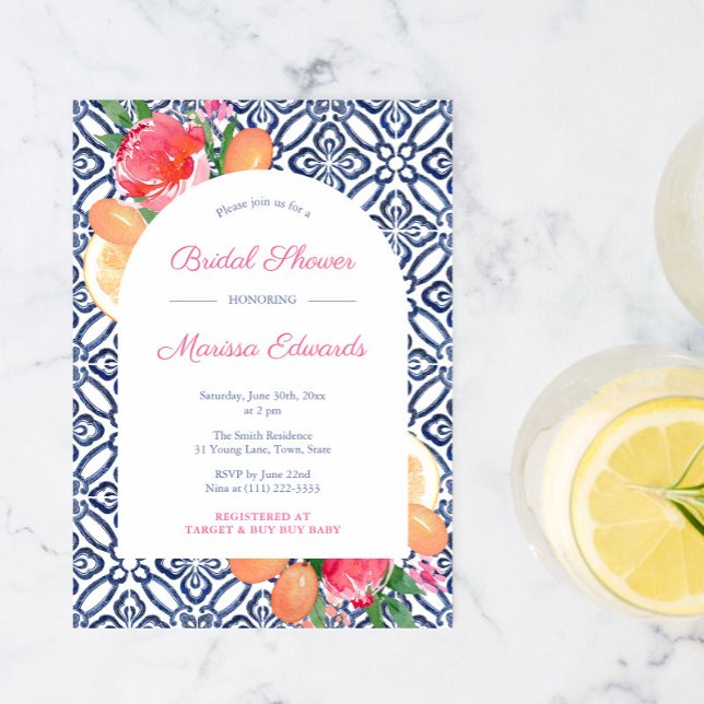 Invitation Arch Bold Citrus Floral Blue Tile Wedding shower (Créateur téléchargé)