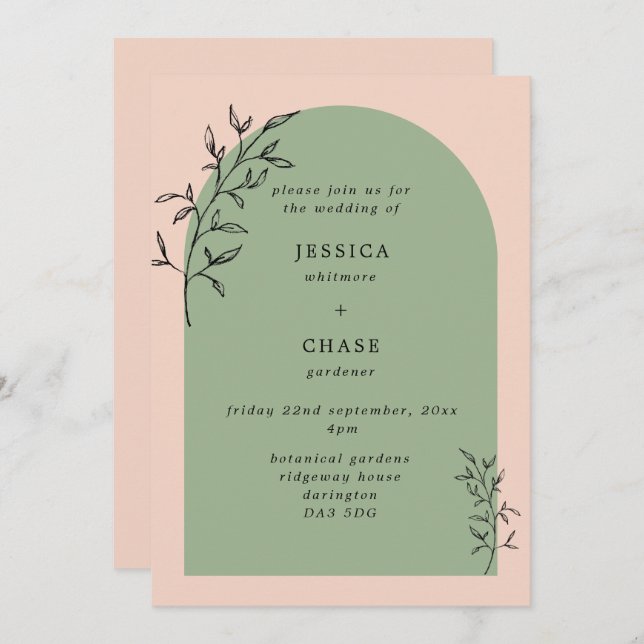 Invitation Arch & Botanique Feuilles Blush & Sage Mariage (Devant / Derrière)