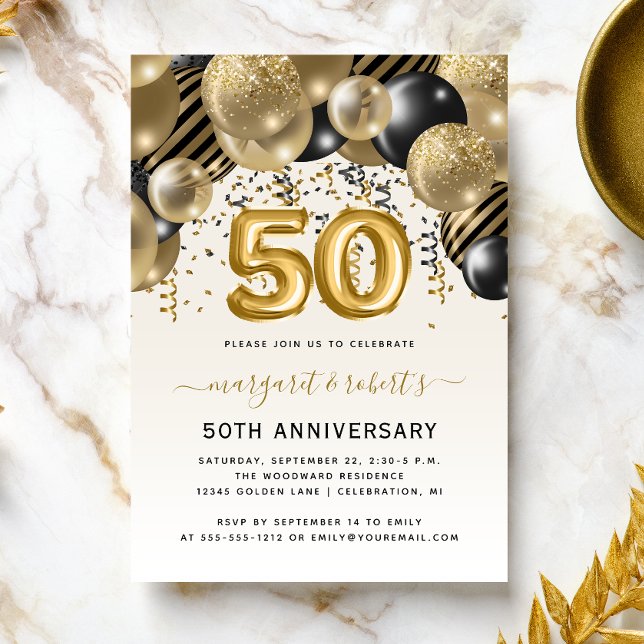 Invitation Arch de ballons noir or pour fête du 50e anniversa (Créateur téléchargé)