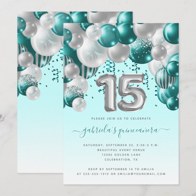 Invitation Arch de ballons sarcelle argent Quinceañera (Devant / Derrière)
