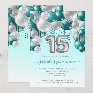 Invitation Arch de ballons sarcelle argent Quinceañera