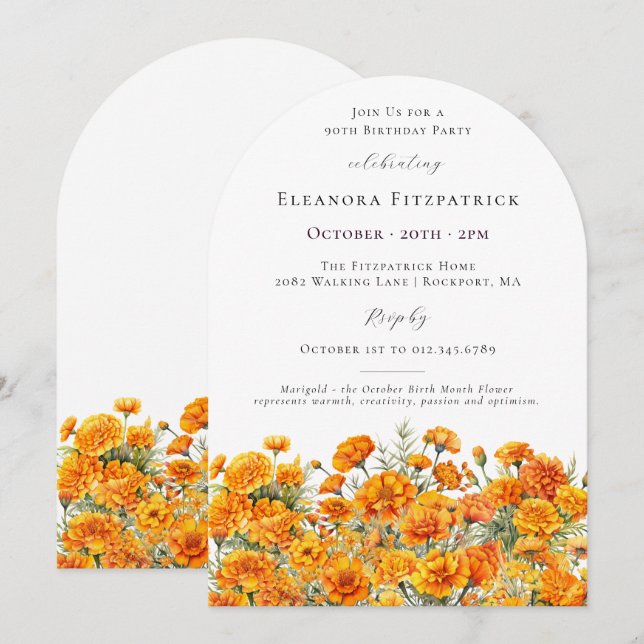 Invitation Arch de fleurs de souci pour le 90e anniversaire d (Devant / Derrière)