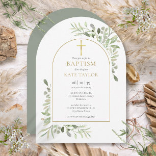 Invitation Arch en or pour baptême au style aquarelle de verd