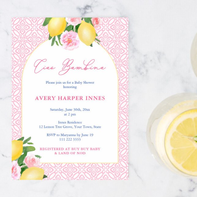 Invitation Arch Frame Ciao Bambina Lemons Baby Girl Douche (Ciao Bambina Italian inspired summer baby shower for girl invitation)