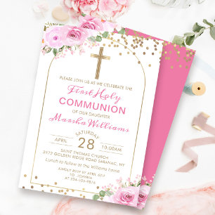 Invitation Arch Gold Rose Floral Girl Première Sainte Communi