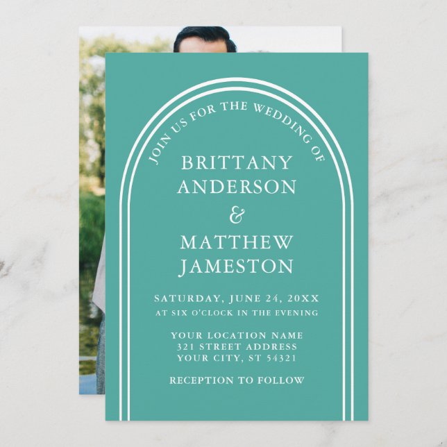 Invitation Arch Mariage moderne et élégant Photo Turquoise (Devant / Derrière)