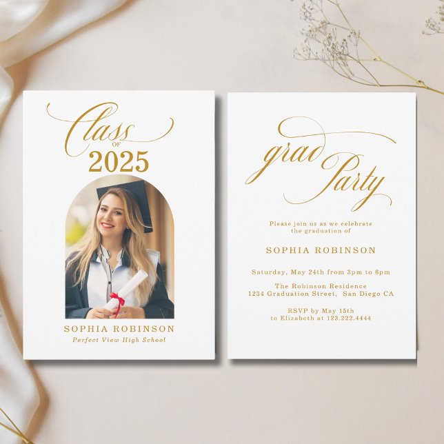 Invitation Arch Photo Elegant Gold Script Graduation Party (Créateur téléchargé)