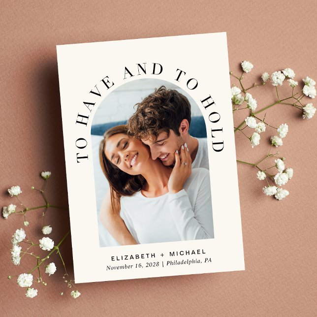 Invitation Arch photo moderne QR Code Tout en un Mariage (Celebrate your love story with an invitation showcasing your favorite photo in an elegant arch frame)