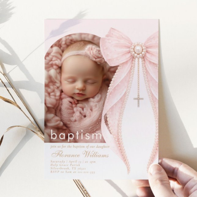Invitation Arch Photo Pink Coquette Bow Baby Girl Baptism (Créateur téléchargé)