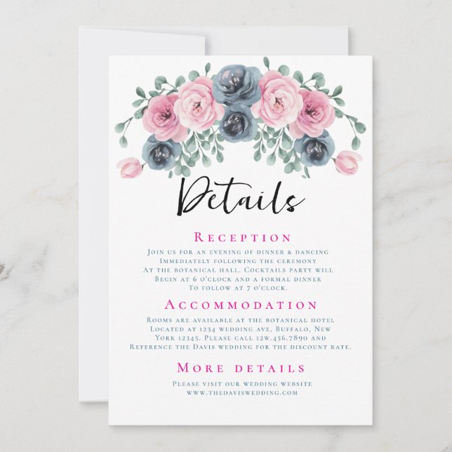 Invitation Arch Pink and Blue Blooms Détails du Mariage (Devant)