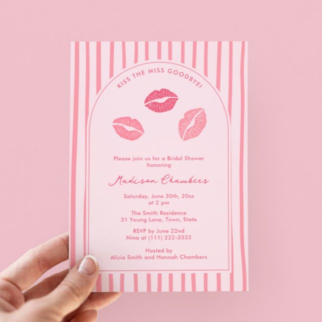Invitation Arch Pink Lips Kiss The Miss Goodbye Bridal Shower (Modern pink kissy lips Valentine's Day bridal shower invitations with modern arch)