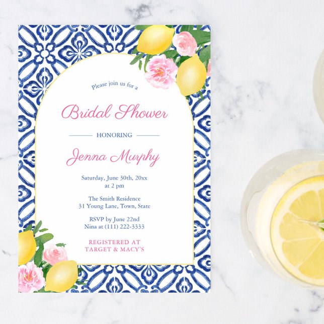 Invitation Arch Positano Lemons Carreaux Bleus Wedding shower (Arch shape pink flowers positano lemons bridal shower invitations)