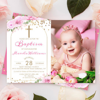 Invitation Arch rose floral Parties scintillant or fille Bapt