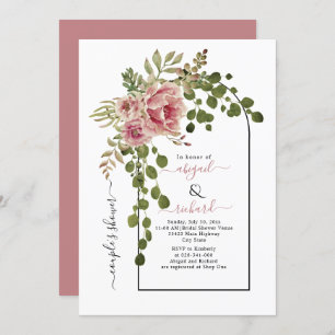 Invitation Arche à fleurs roses poussiéreuses mariage couple 