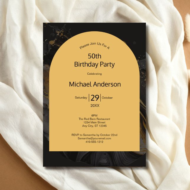 Invitation Arche aquarelle or et noir pour son 50e anniversai (Black Gold Watercolor Arch Modern 50th Birthday invitation for him. Editable for any year)