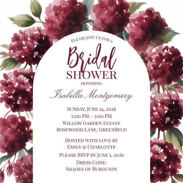 Invitation Arche aquarelle romantique aux hydrangeas bordeaux (Romantic Burgundy Hydrangea Watercolor Arch Invitations
)