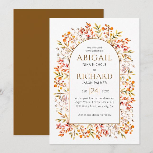 Invitation Arche avec feuilles et baies brun mariage (Devant / Derrière)